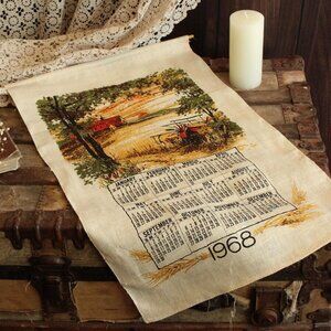 Vintage 1960s Calendar Towel, 1968 Linen Farm Barn Print with Hanging Rod, Dated